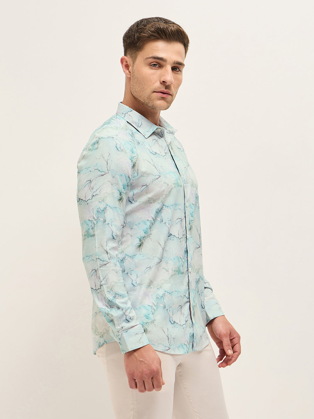Men Shirt Multi-Color Marble Abstract Print Tailored Fit Formal Shirt
