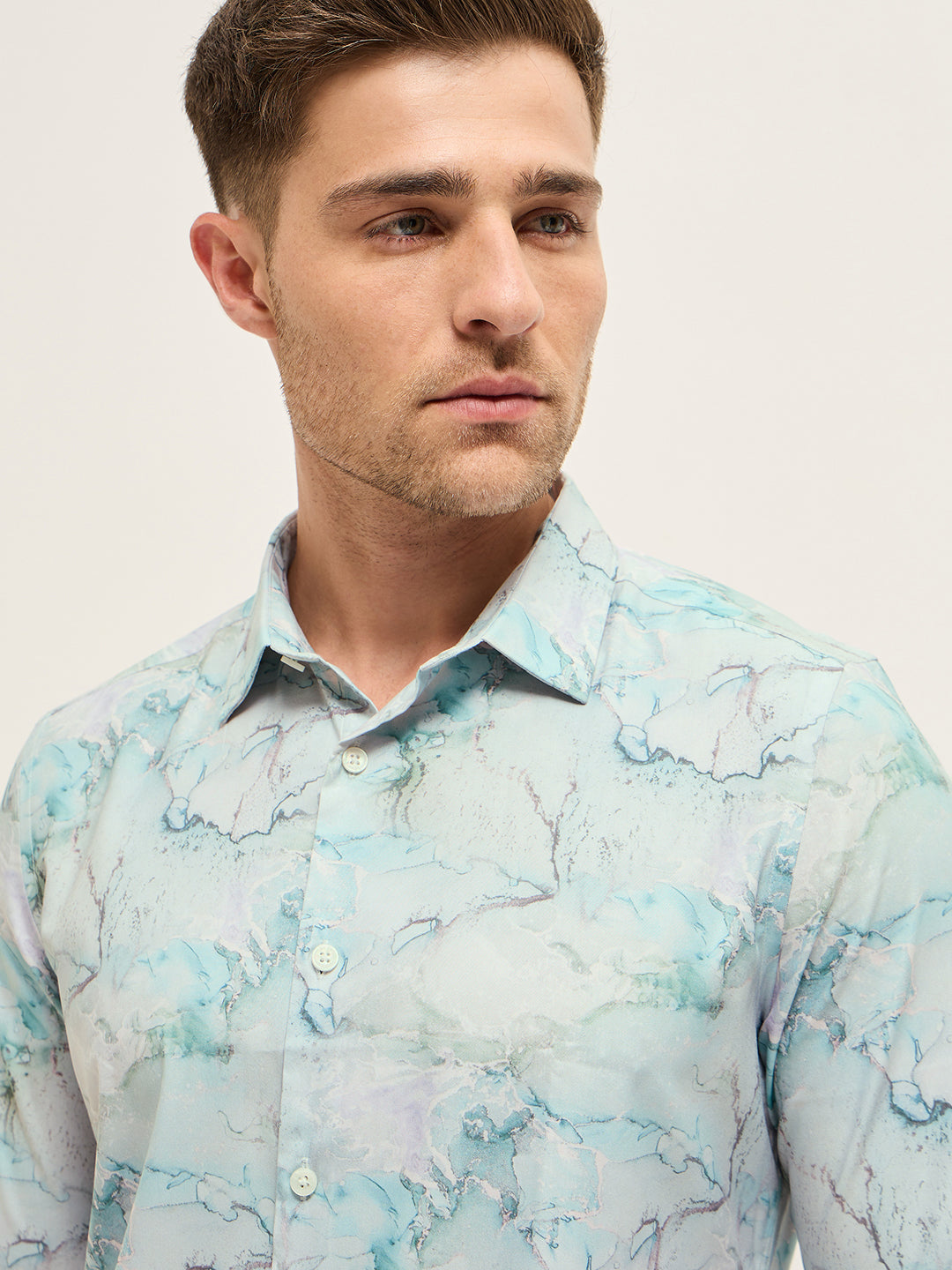 Men Shirt Multi-Color Marble Abstract Print Tailored Fit Formal Shirt