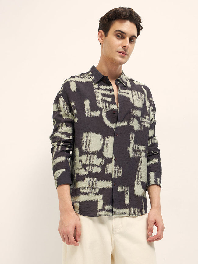 Men Brown Abstract Brushstroke Print Relax Fit Overshirt
