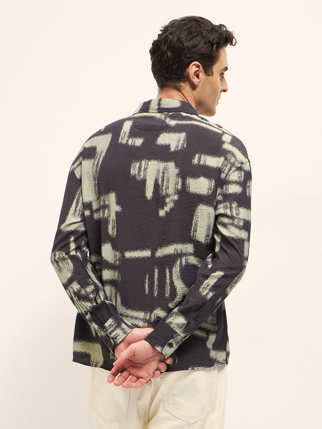 Men Brown Abstract Brushstroke Print Relax Fit Overshirt
