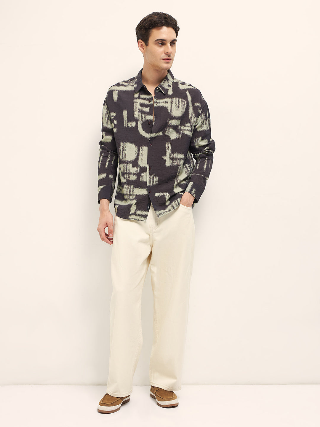 Men Brown Abstract Brushstroke Print Relax Fit Overshirt