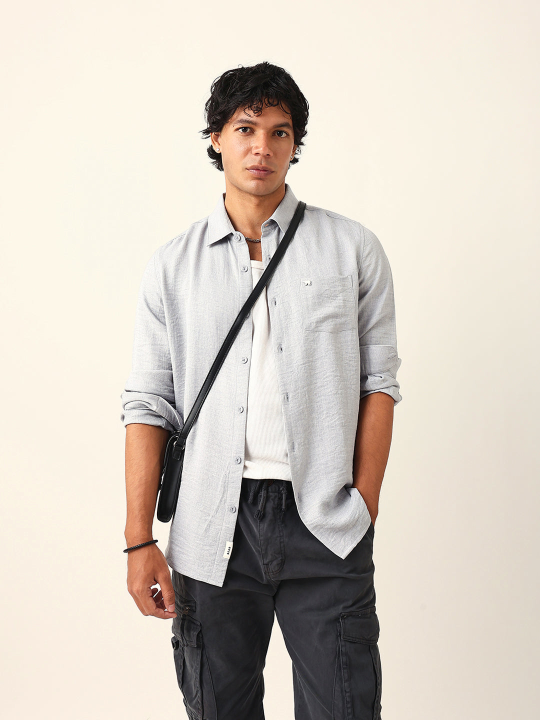 Men Grey Polyester Solid Shirt