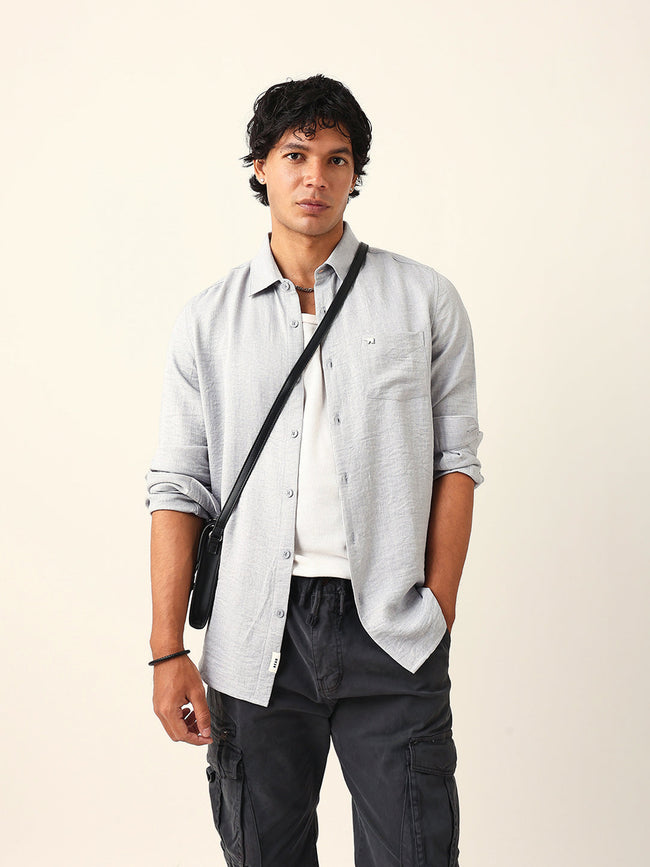 Men Grey Polyester Solid Shirt