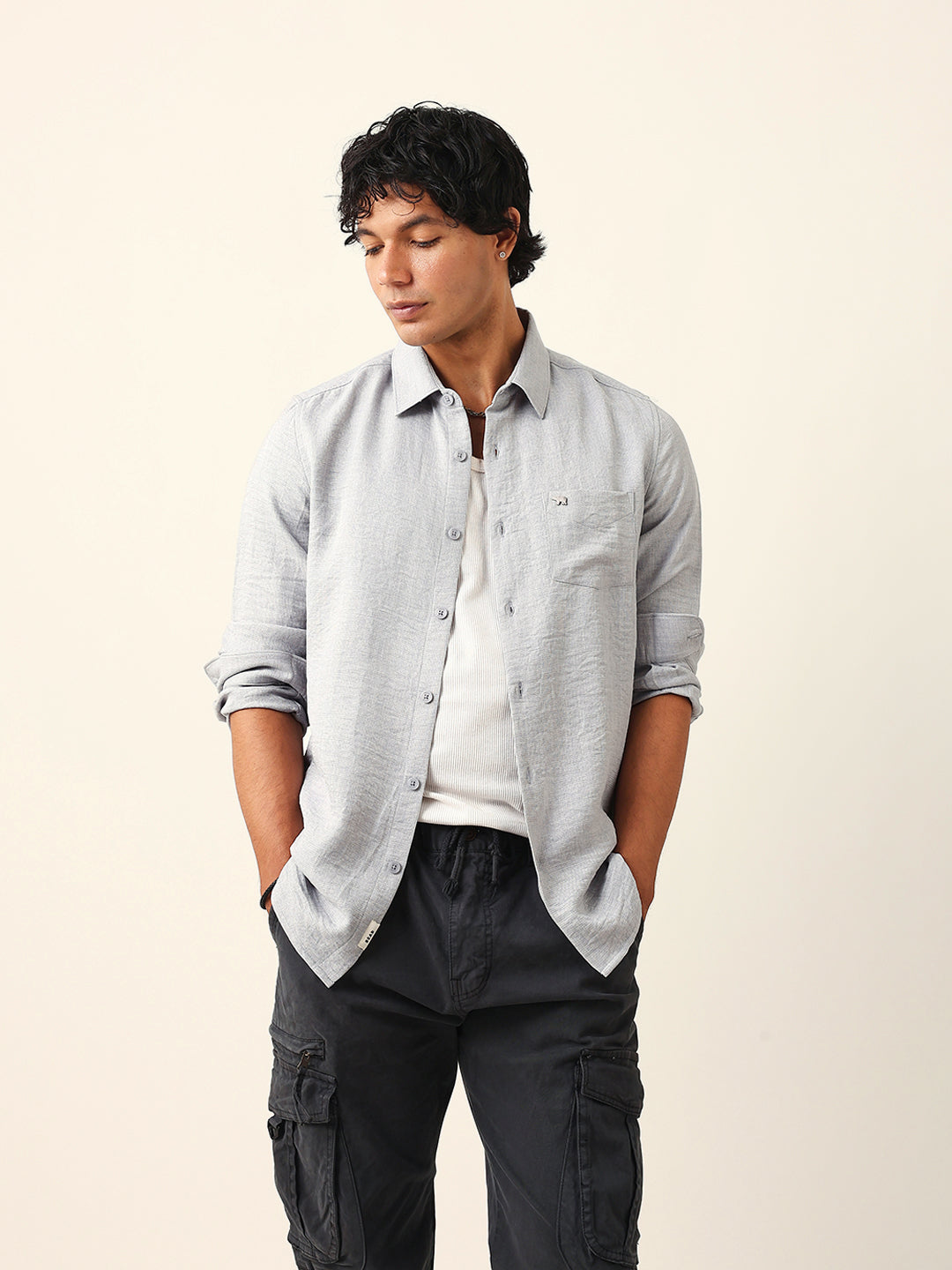 Men Grey Polyester Solid Shirt