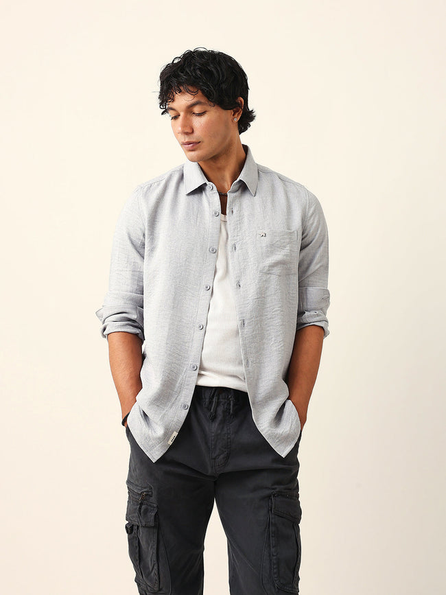 Men Grey Polyester Solid Shirt