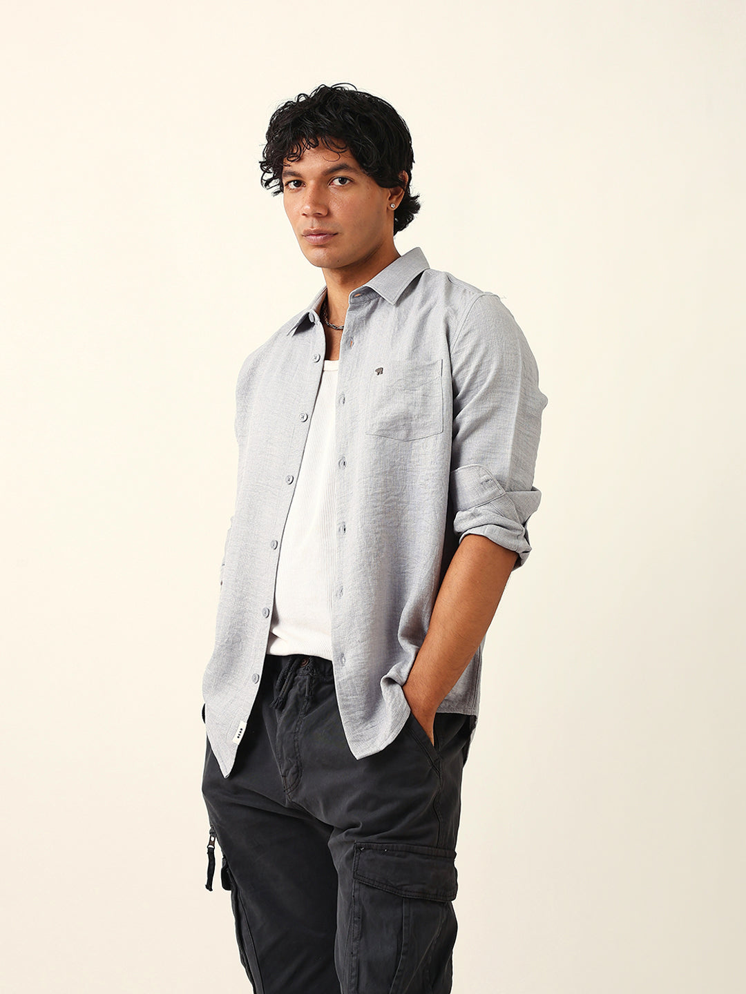Men Grey Polyester Solid Shirt