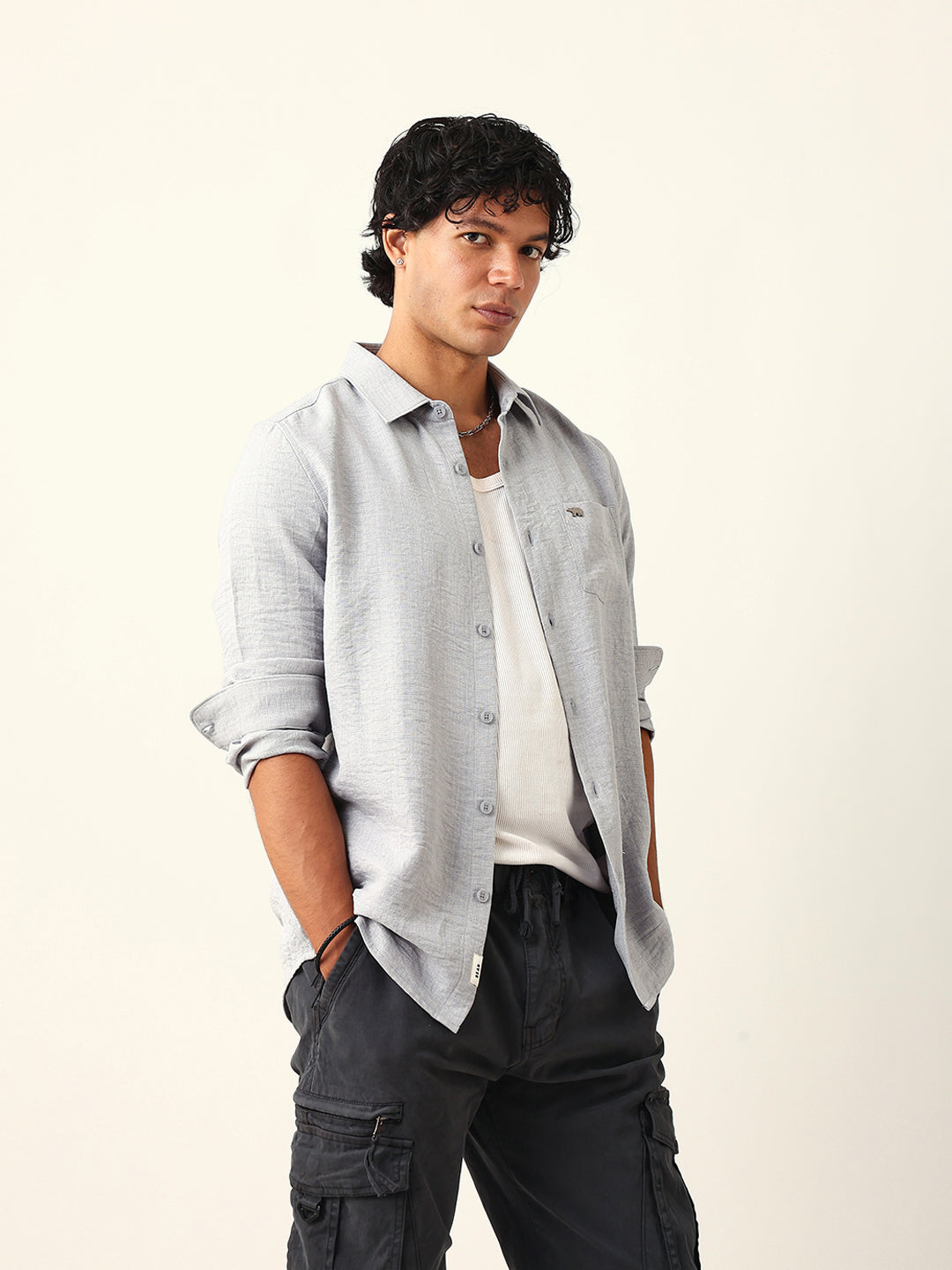 Men Grey Polyester Solid Shirt