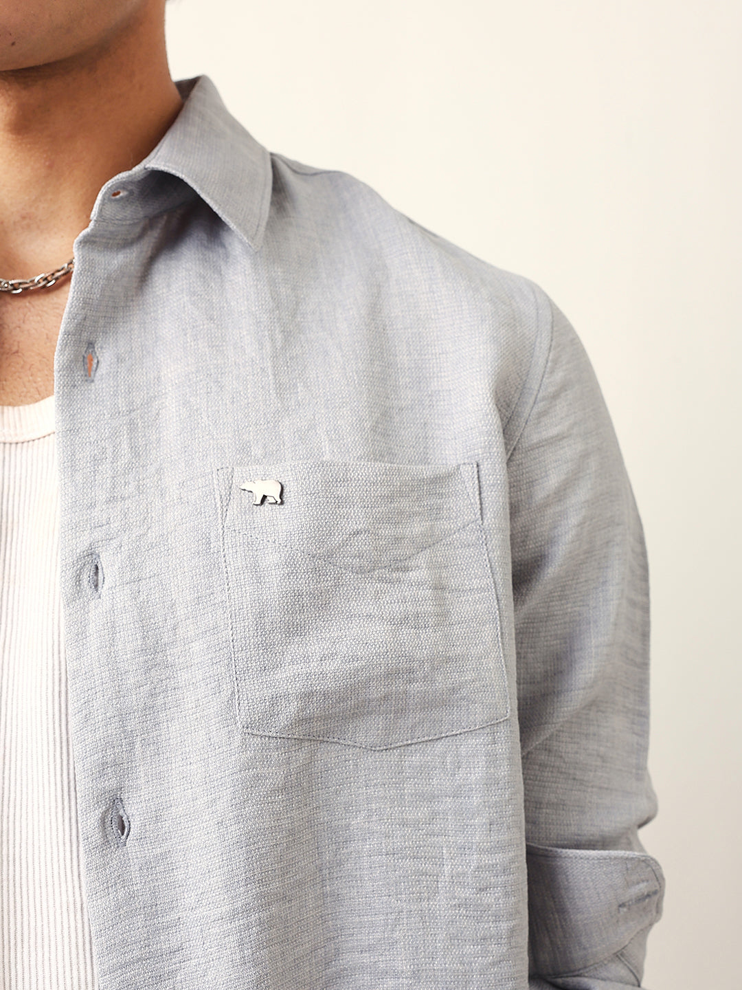 Men Grey Polyester Solid Shirt