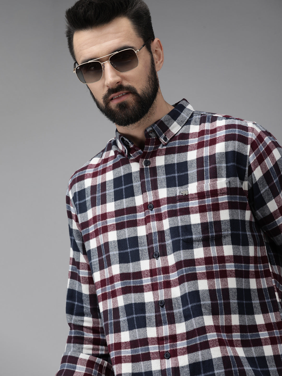 Men Arien - White & Navy Blue Slim Fit Checked Flannel Cotton Shirt | The Bear House