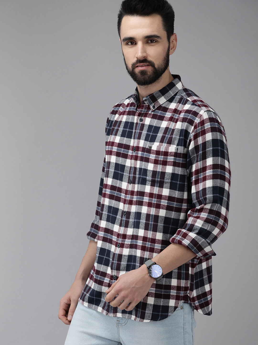 Men Arien - White & Navy Blue Slim Fit Checked Flannel Cotton Shirt | The Bear House