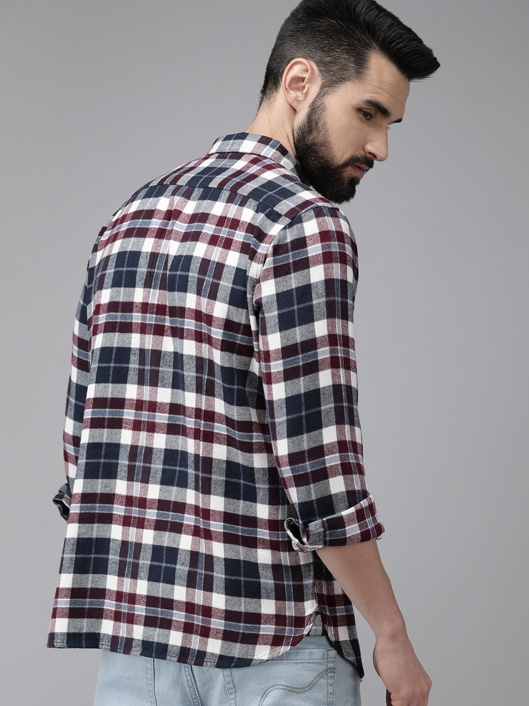 Men Arien - White & Navy Blue Slim Fit Checked Flannel Cotton Shirt | The Bear House