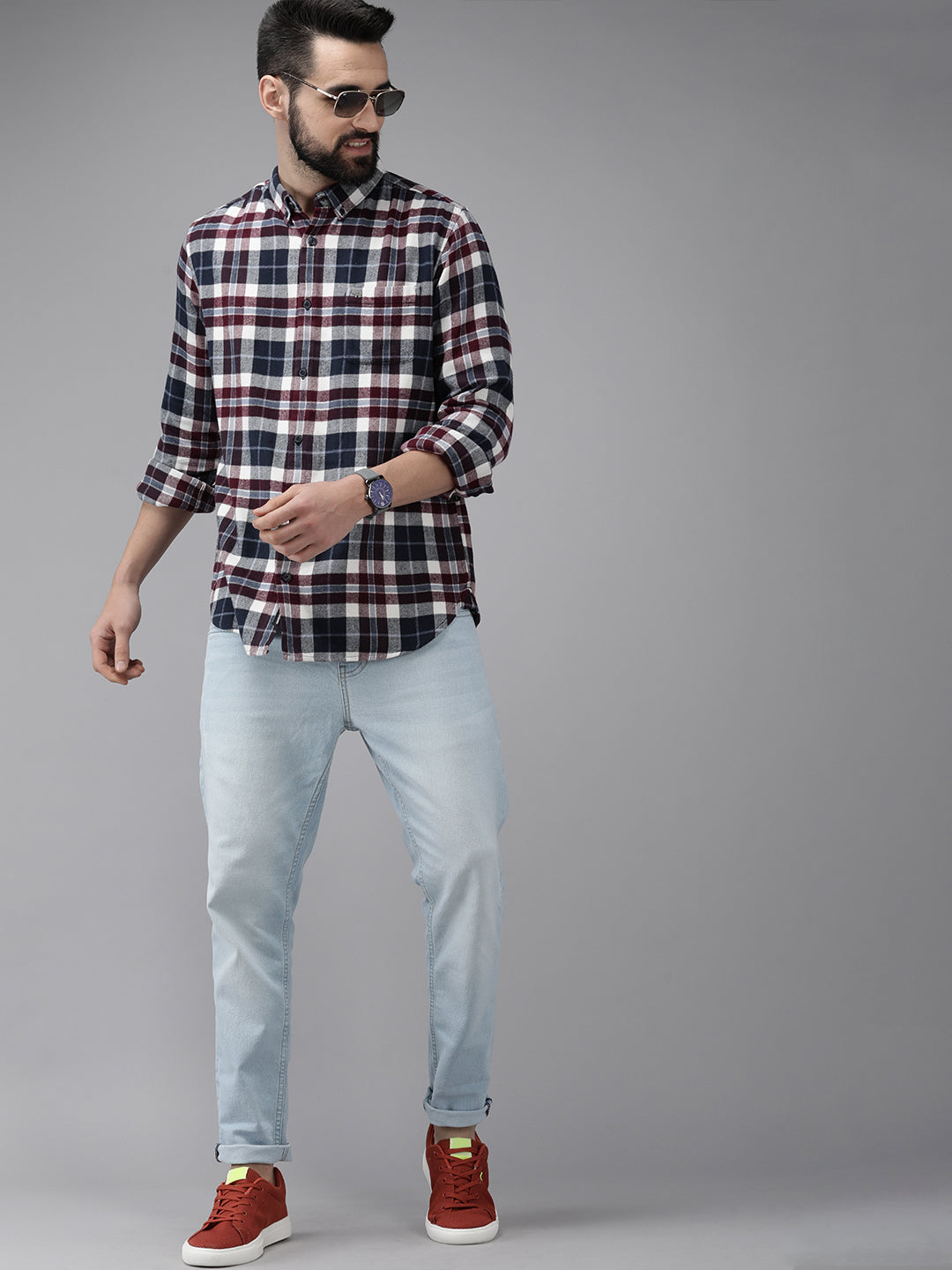 Men Arien - White & Navy Blue Slim Fit Checked Flannel Cotton Shirt | The Bear House