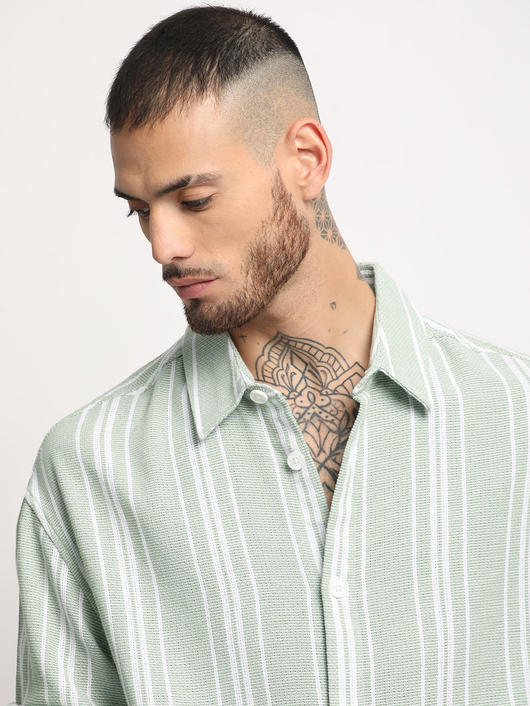 Men  Light Green Stripe Relax Fit Casual Shirt