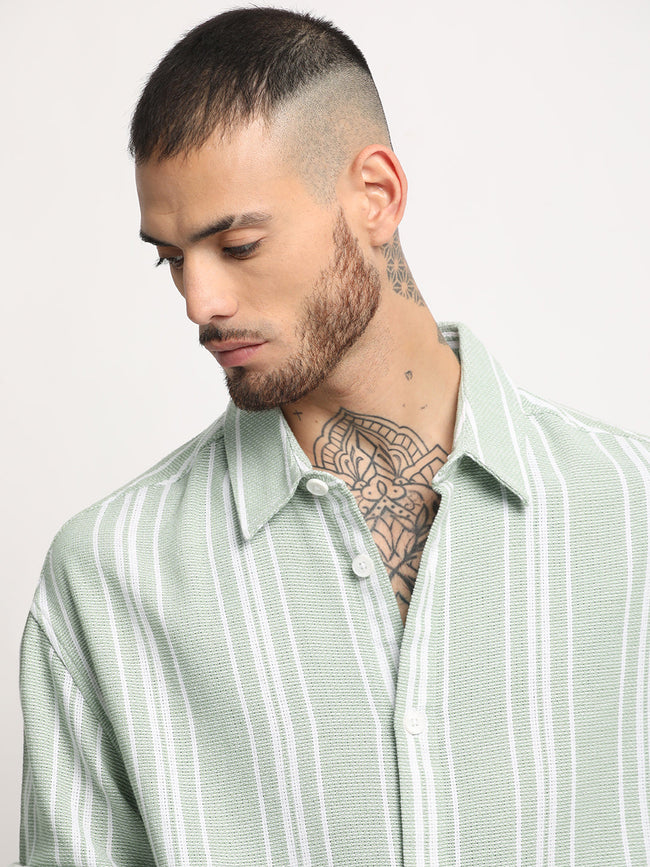 Men  Light Green Stripe Relax Fit Casual Shirt