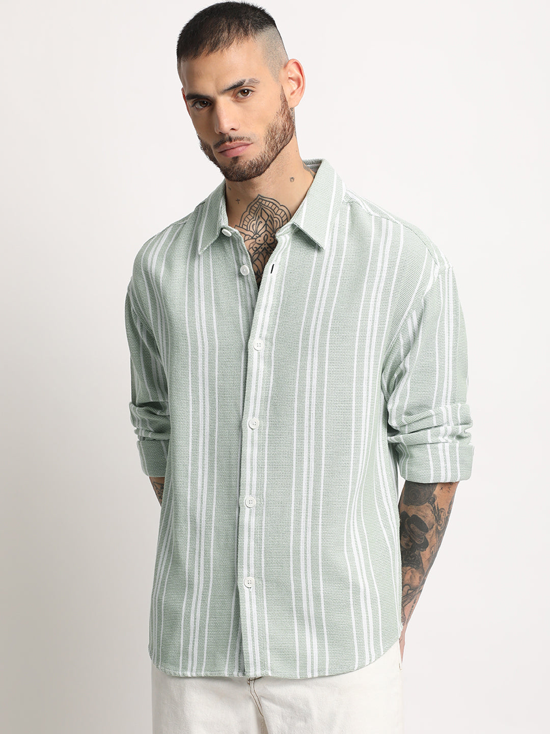 Men  Light Green Stripe Relax Fit Casual Shirt