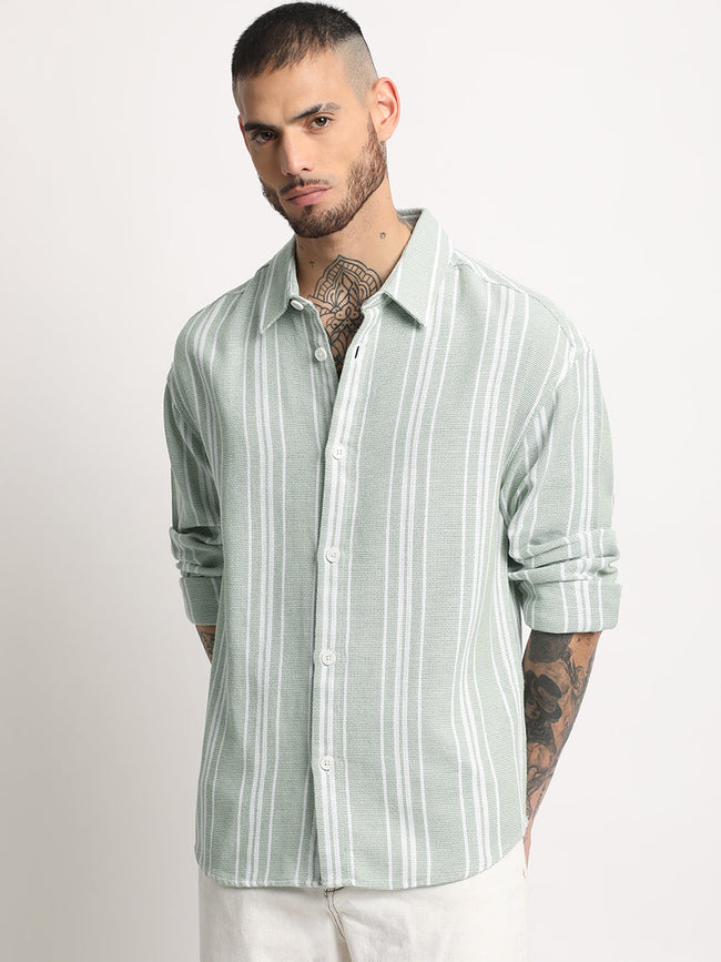 Men  Light Green Stripe Relax Fit Casual Shirt