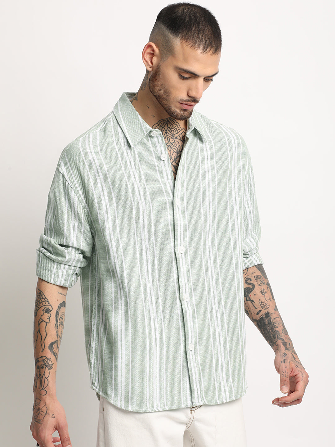 Men  Light Green Stripe Relax Fit Casual Shirt