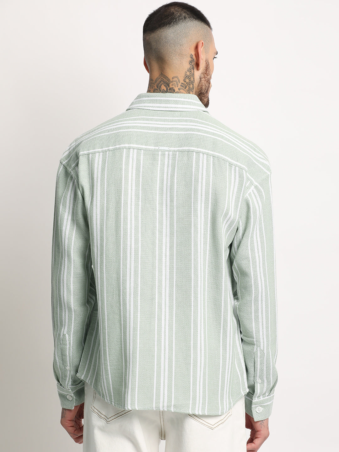 Men  Light Green Stripe Relax Fit Casual Shirt