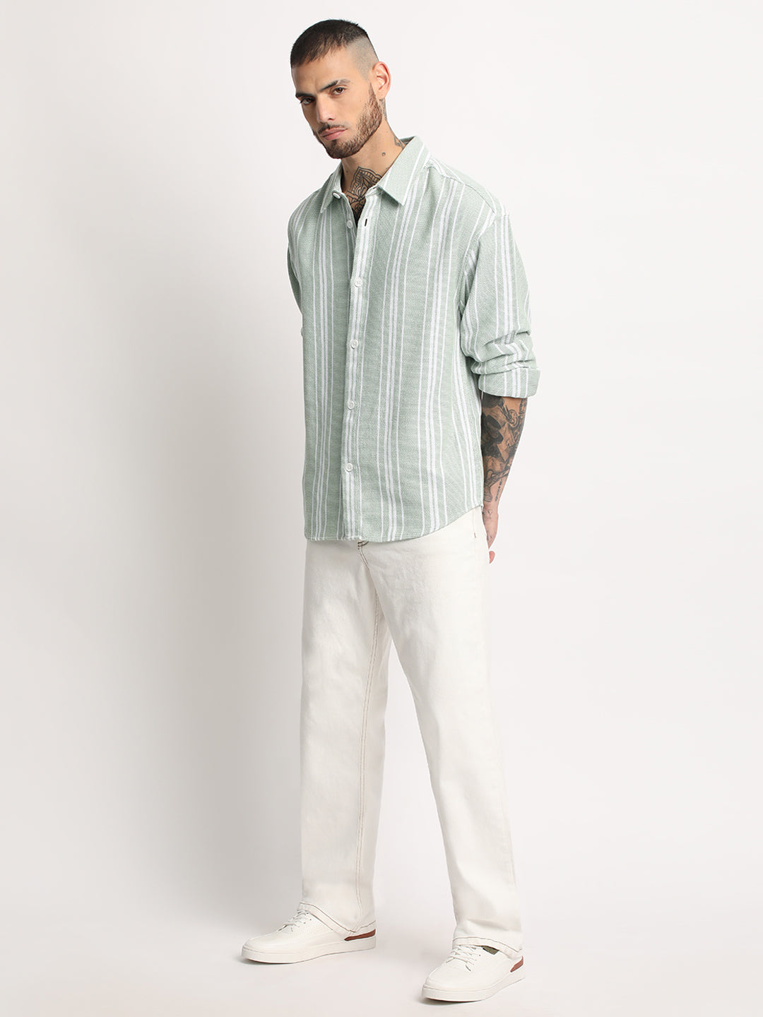 Men  Light Green Stripe Relax Fit Casual Shirt