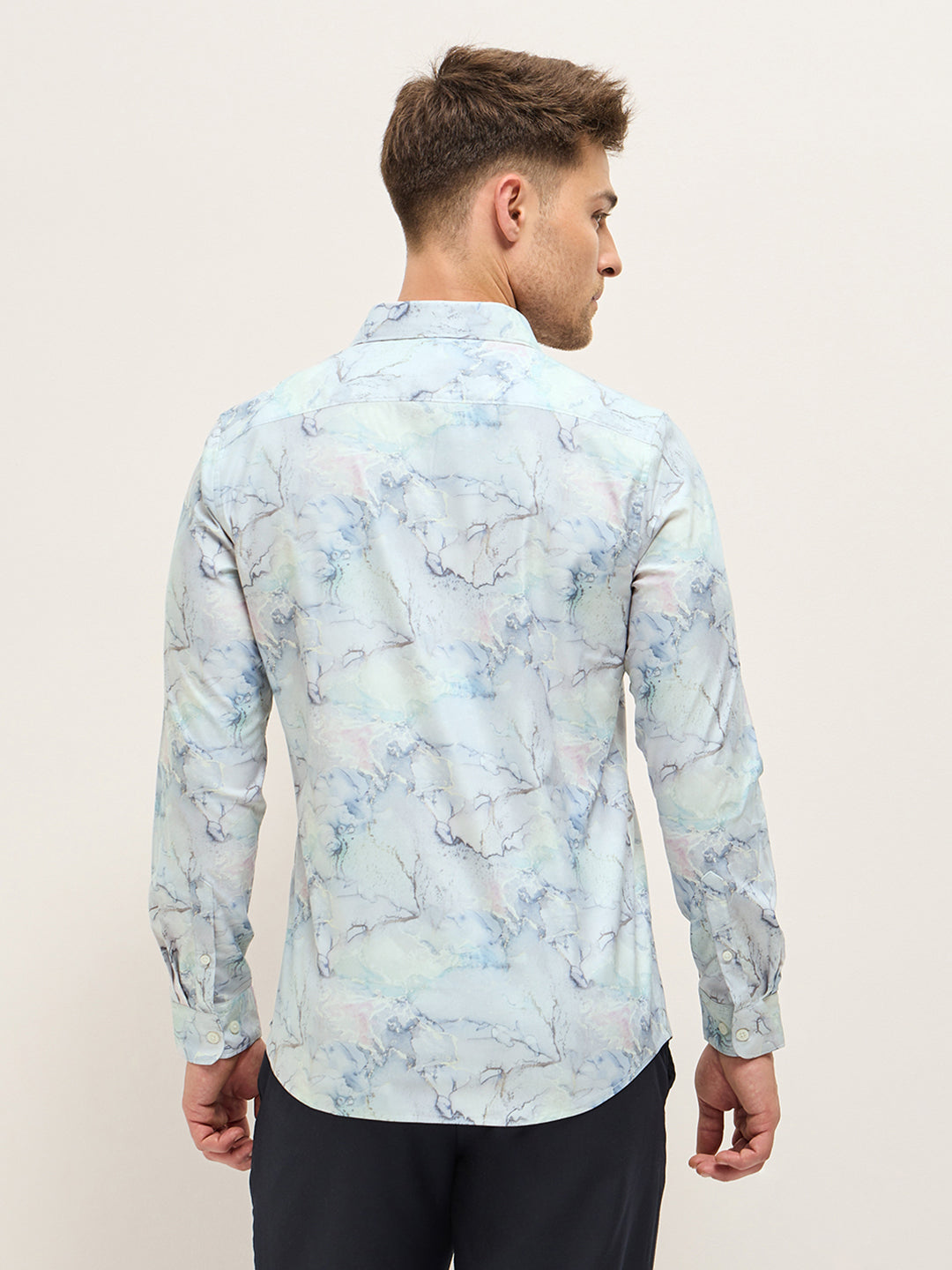 Men Shirt Light Blue Marble Abstract Print Tailored Fit Formal Shirt