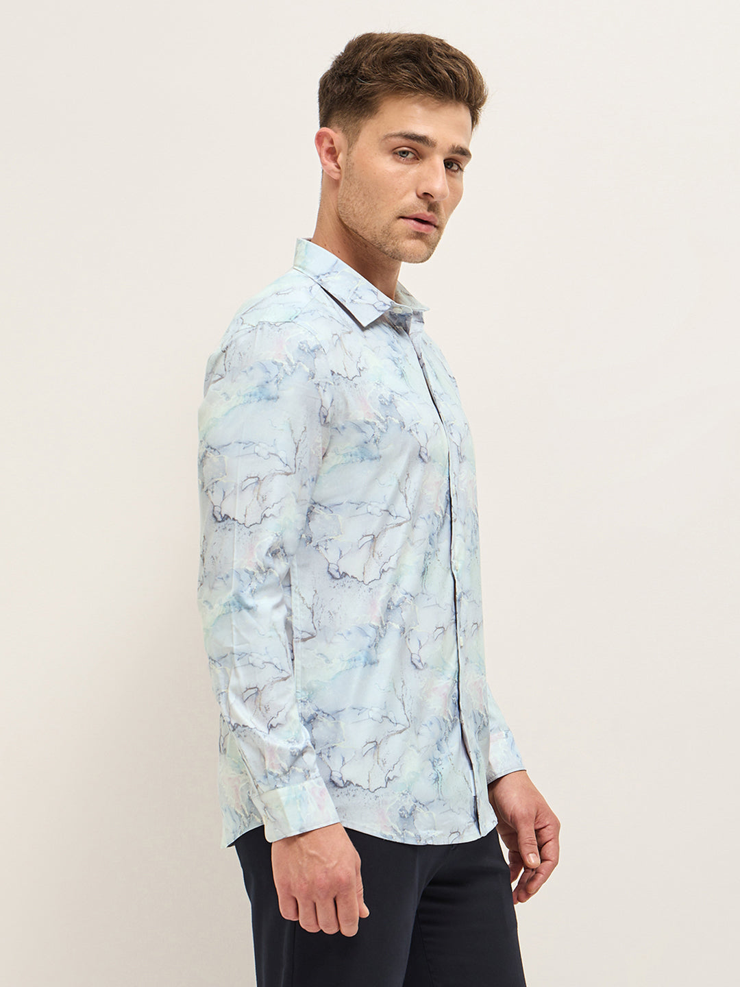 Men Shirt Light Blue Marble Abstract Print Tailored Fit Formal Shirt
