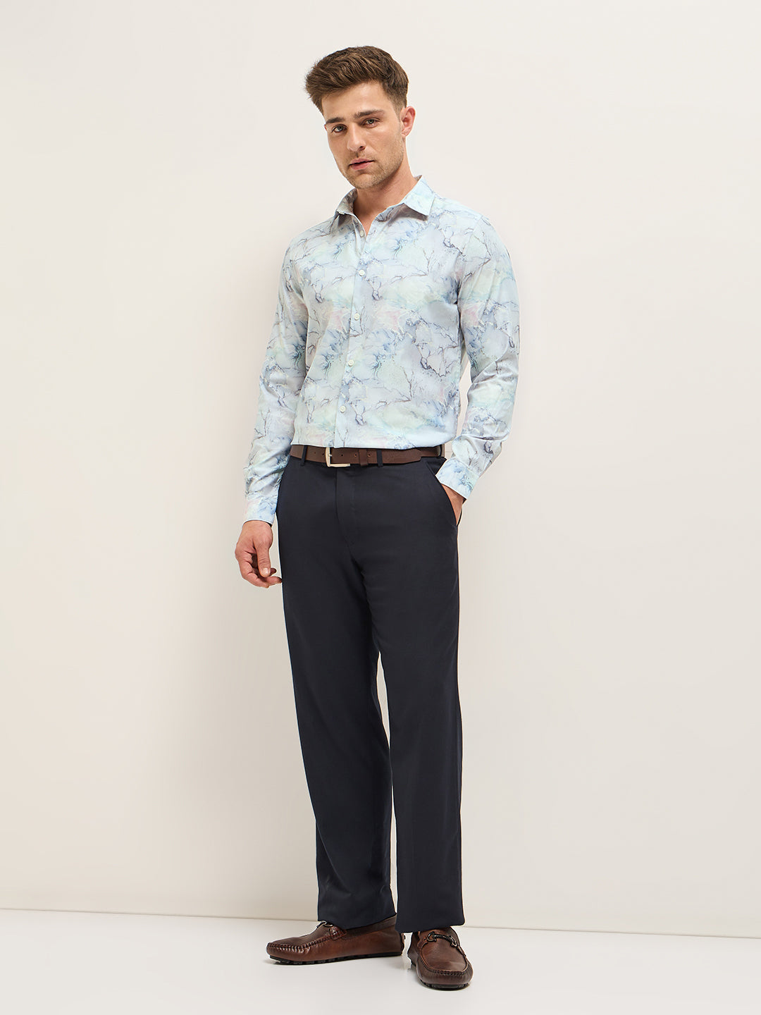 Men Shirt Light Blue Marble Abstract Print Tailored Fit Formal Shirt