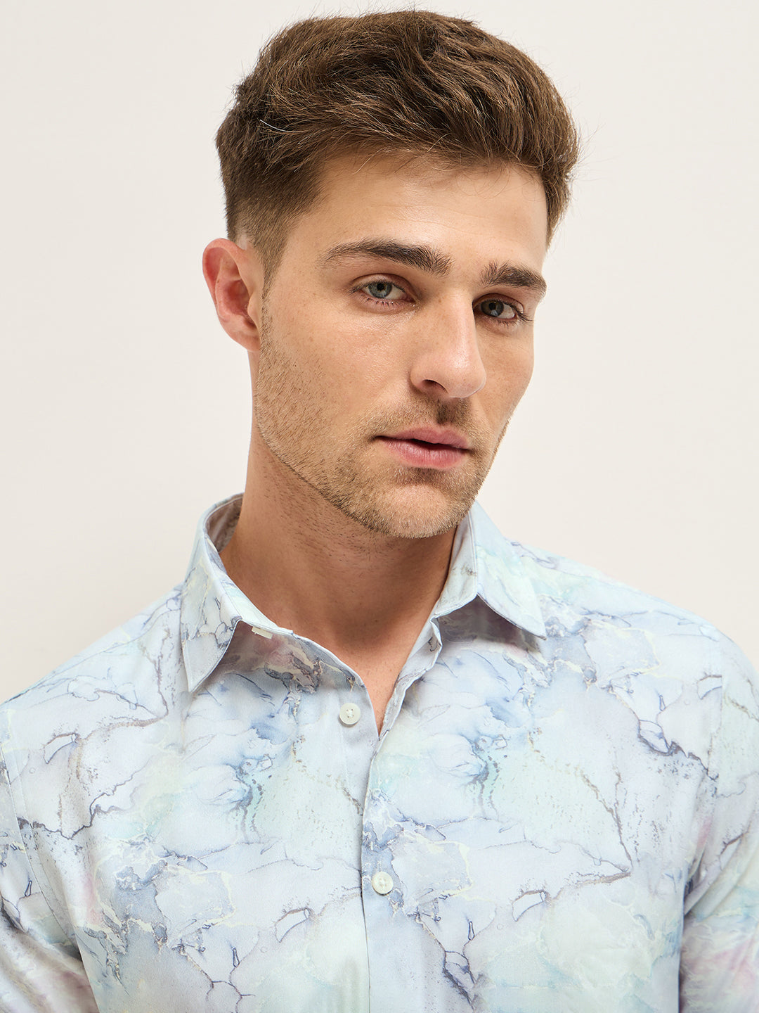 Men Shirt Light Blue Marble Abstract Print Tailored Fit Formal Shirt