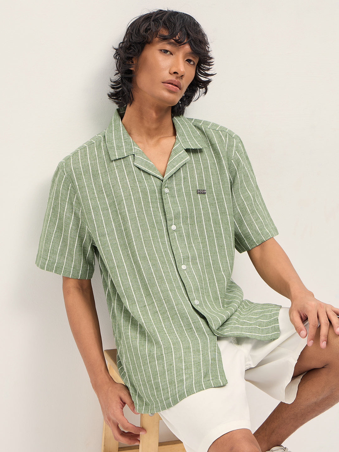 Men Green Linen Striped Shirt