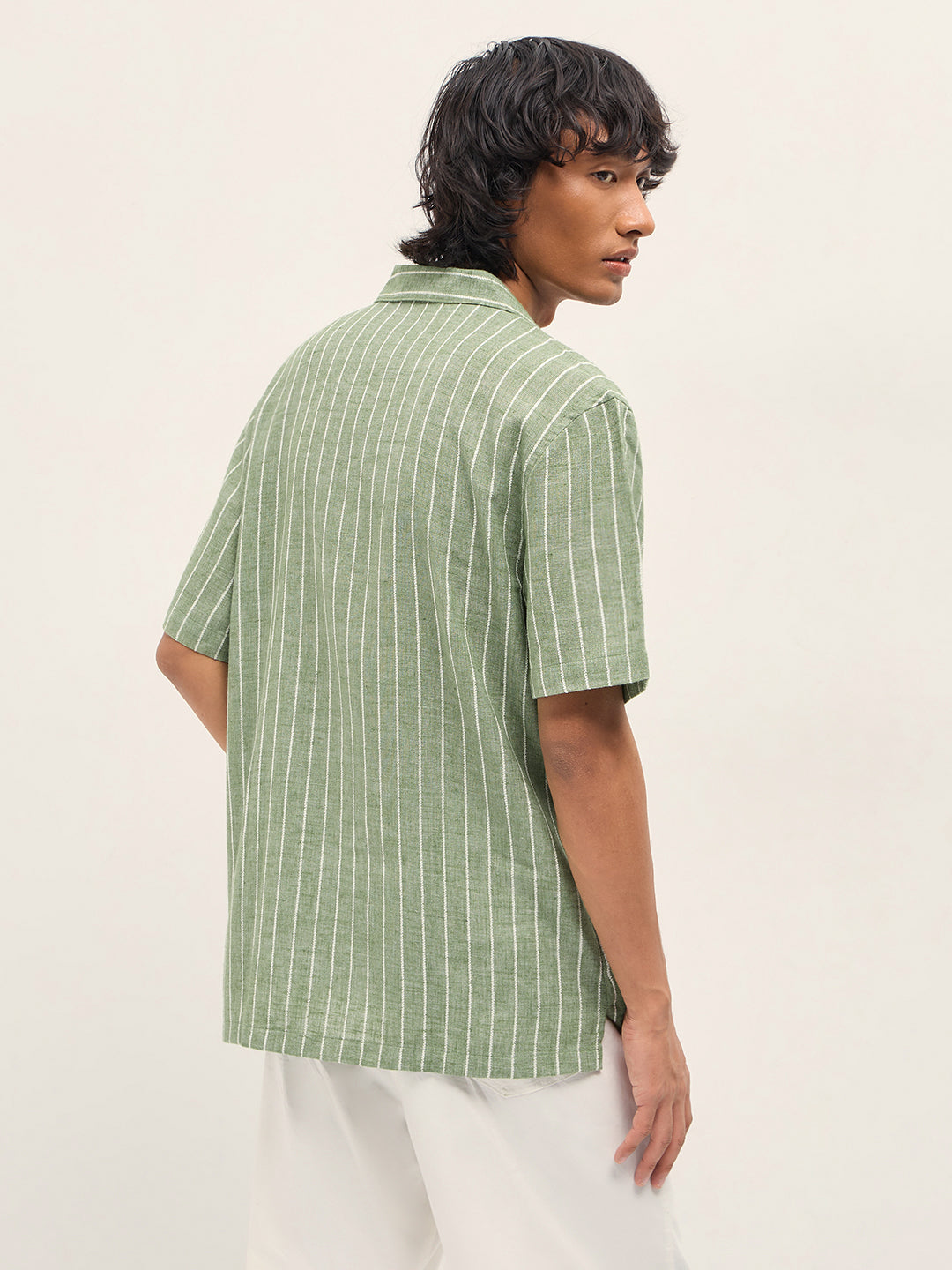 Men Green Linen Striped Shirt