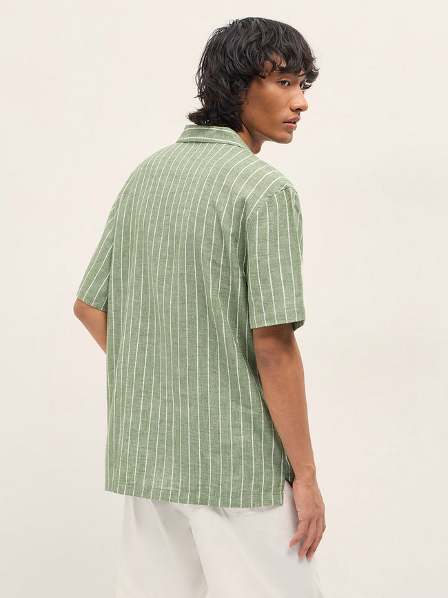 Men Green Linen Striped Shirt