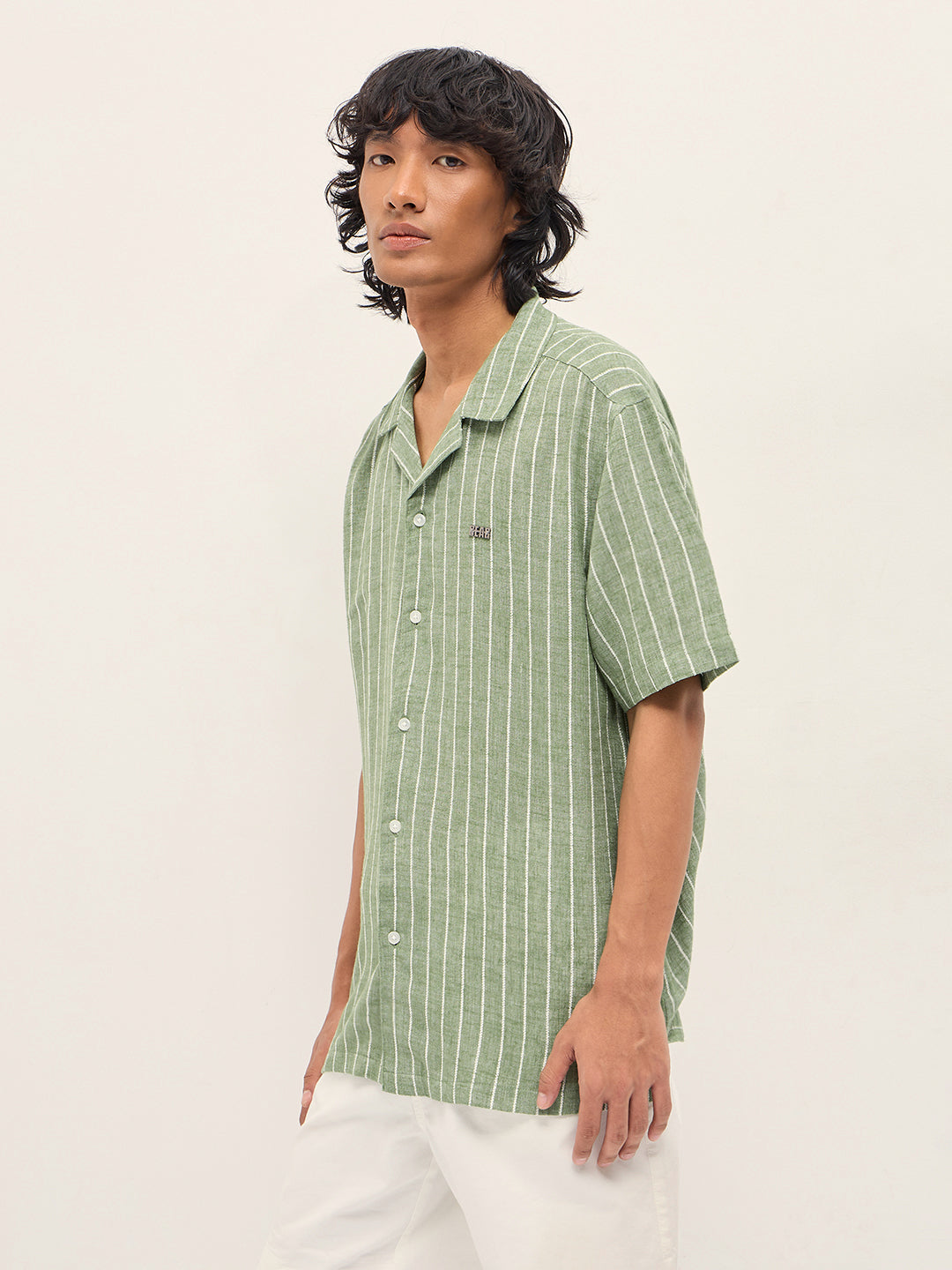 Men Green Linen Striped Shirt