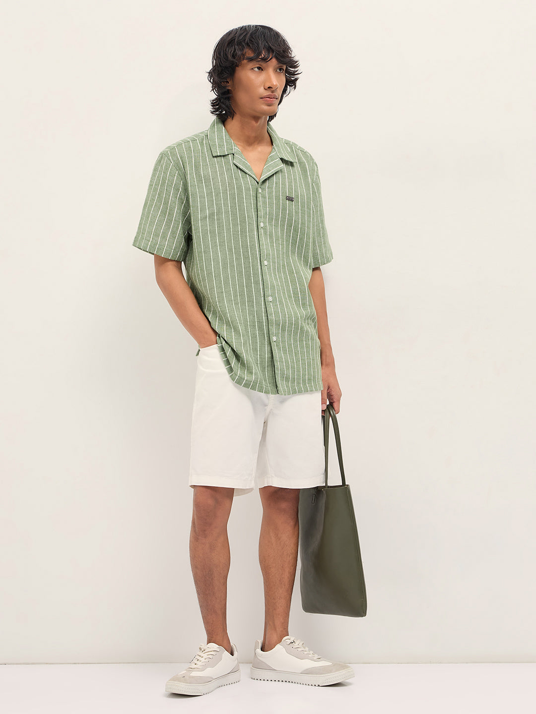 Men Green Linen Striped Shirt
