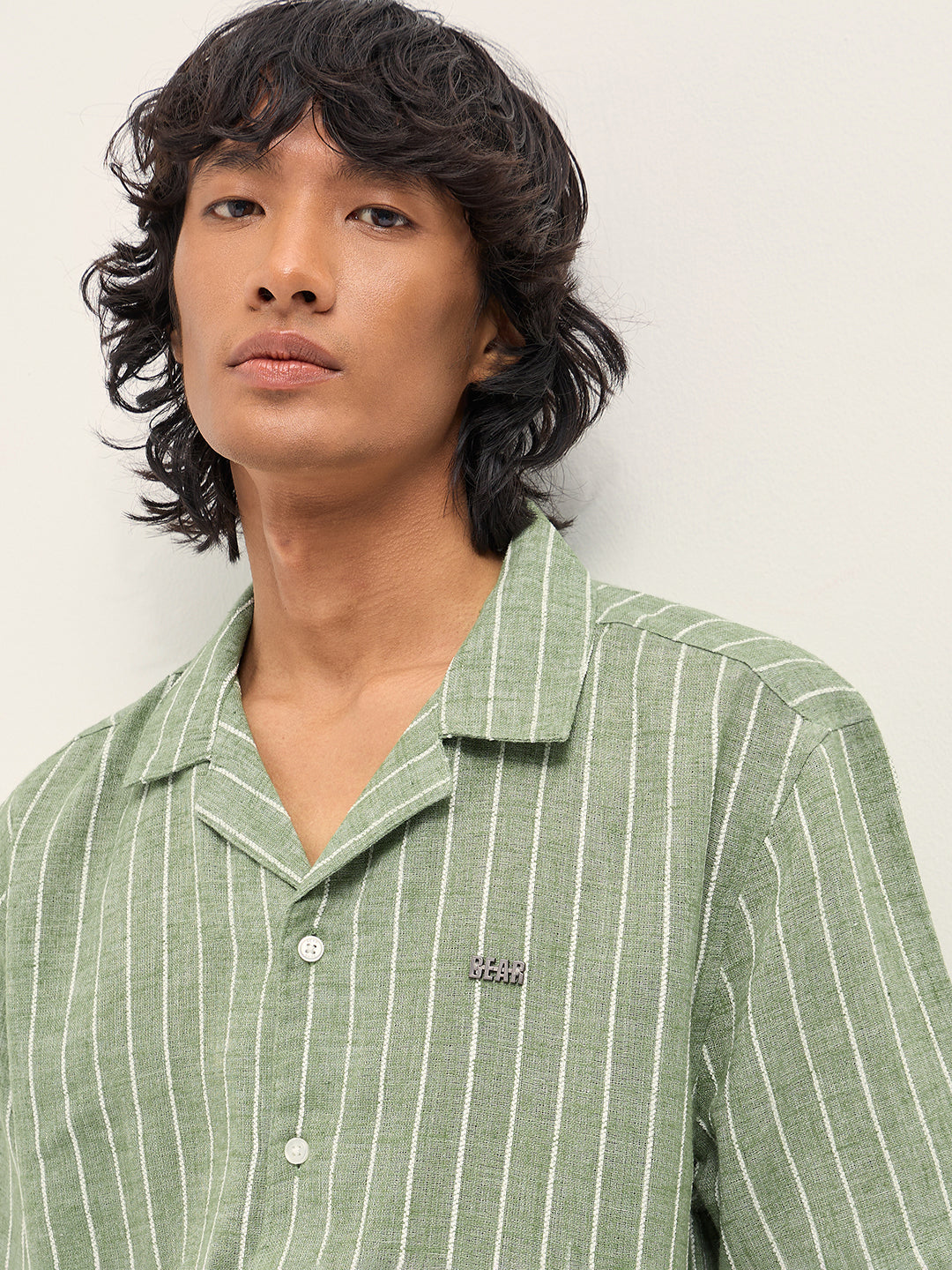 Men Green Linen Striped Shirt