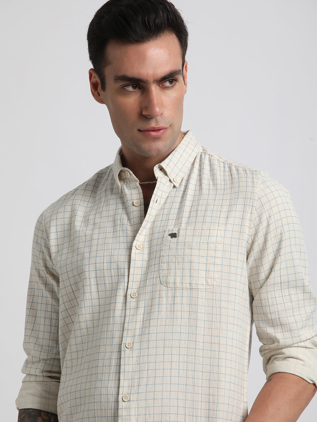 Men Beige Checked Slim Fit Cotton Casual Shirt
