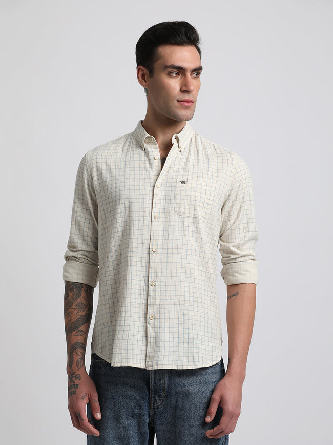 Men Beige Checked Slim Fit Cotton Casual Shirt