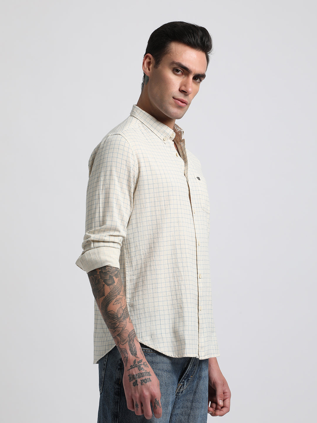 Men Beige Checked Slim Fit Cotton Casual Shirt