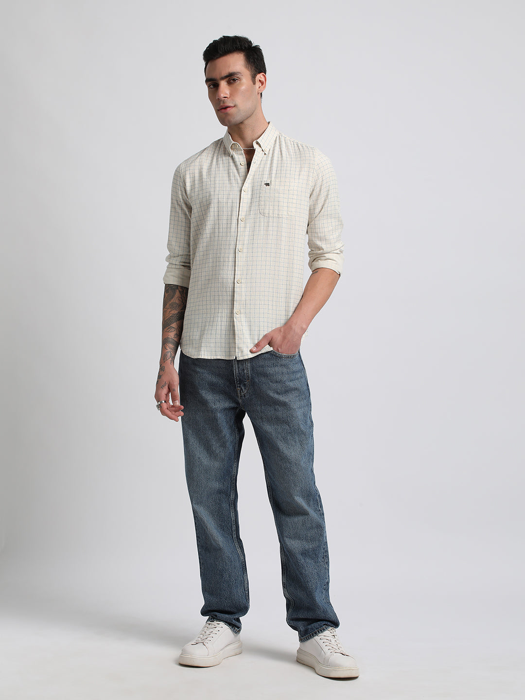 Men Beige Checked Slim Fit Cotton Casual Shirt