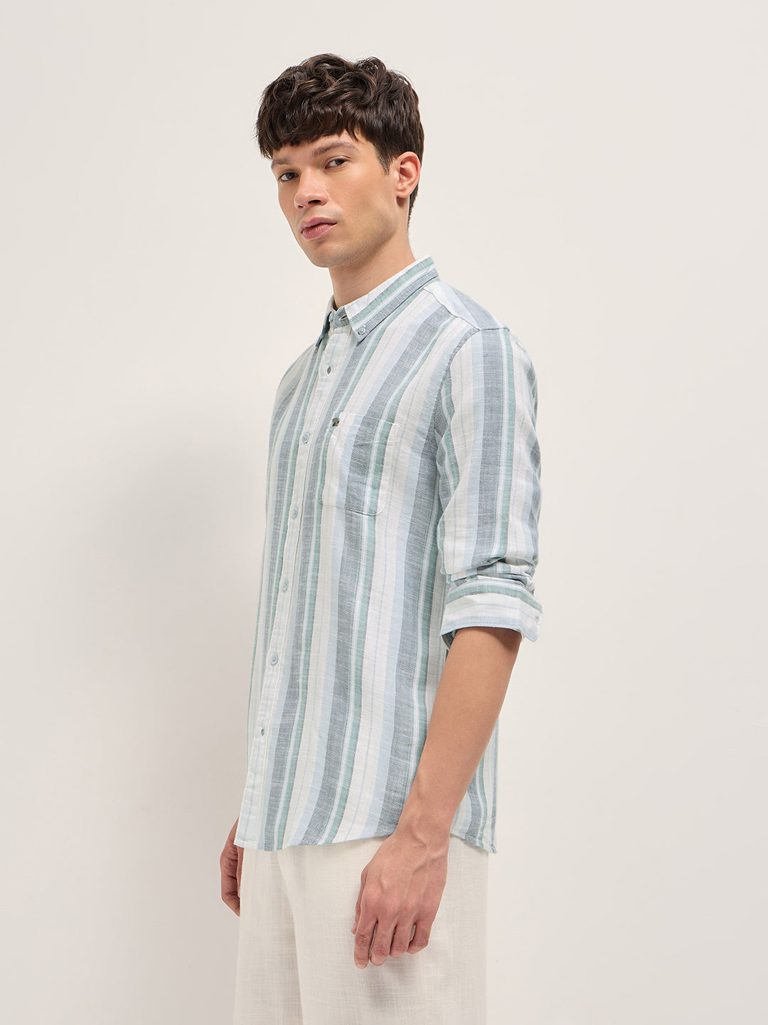 Men Multicolor Herringbone Stripe Slim Fit Cotton Casual Shirt