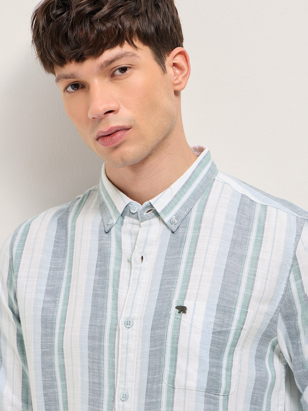 Men Multicolor Herringbone Stripe Slim Fit Cotton Casual Shirt