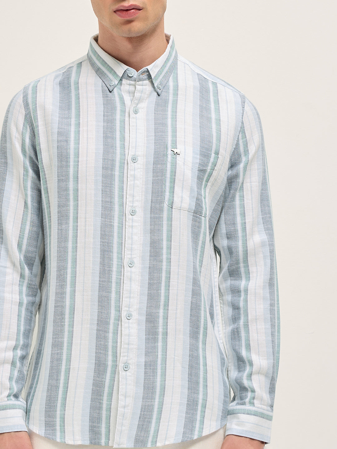 Men Multicolor Herringbone Stripe Slim Fit Cotton Casual Shirt