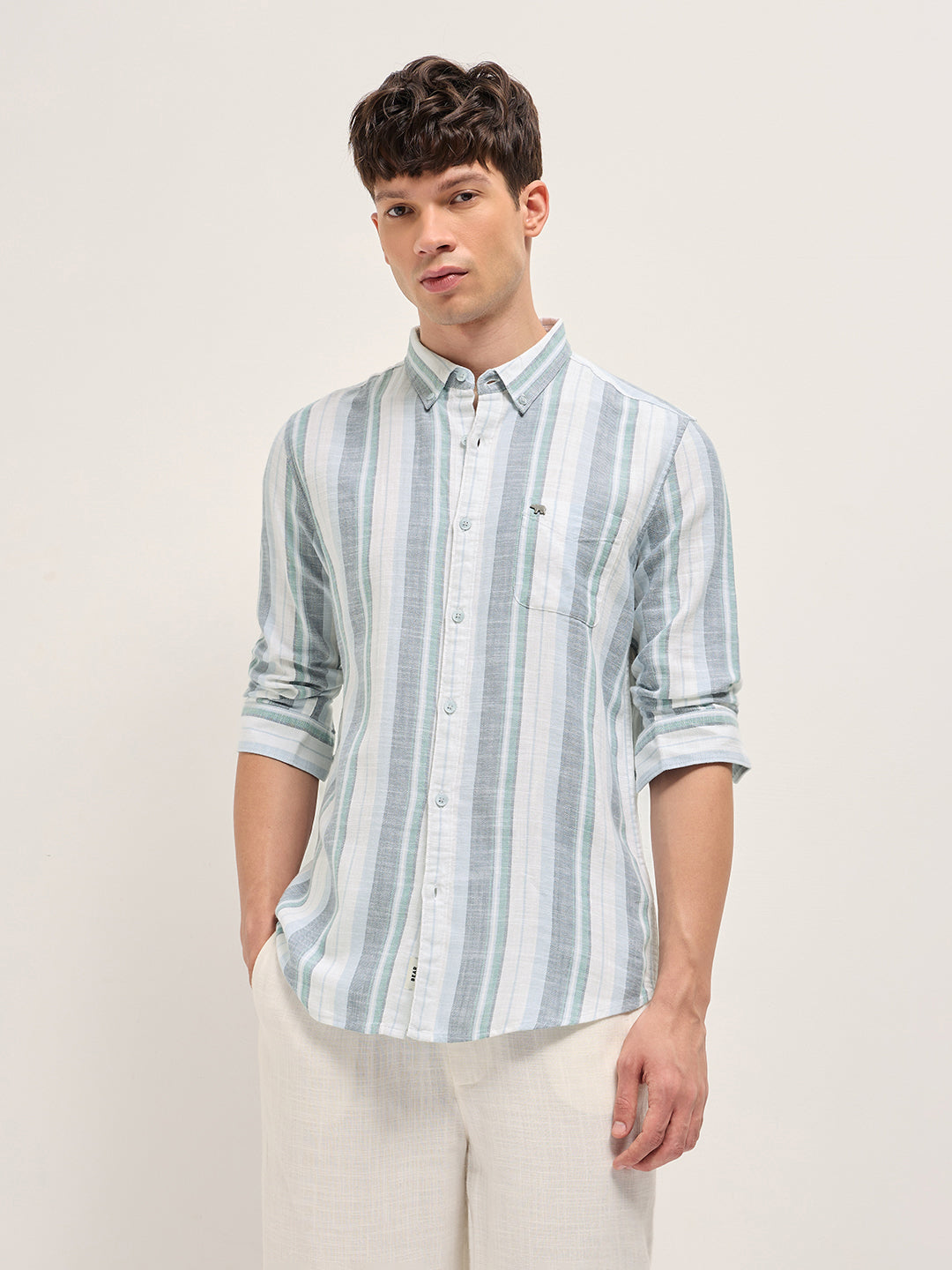 Men Multicolor Herringbone Stripe Slim Fit Cotton Casual Shirt