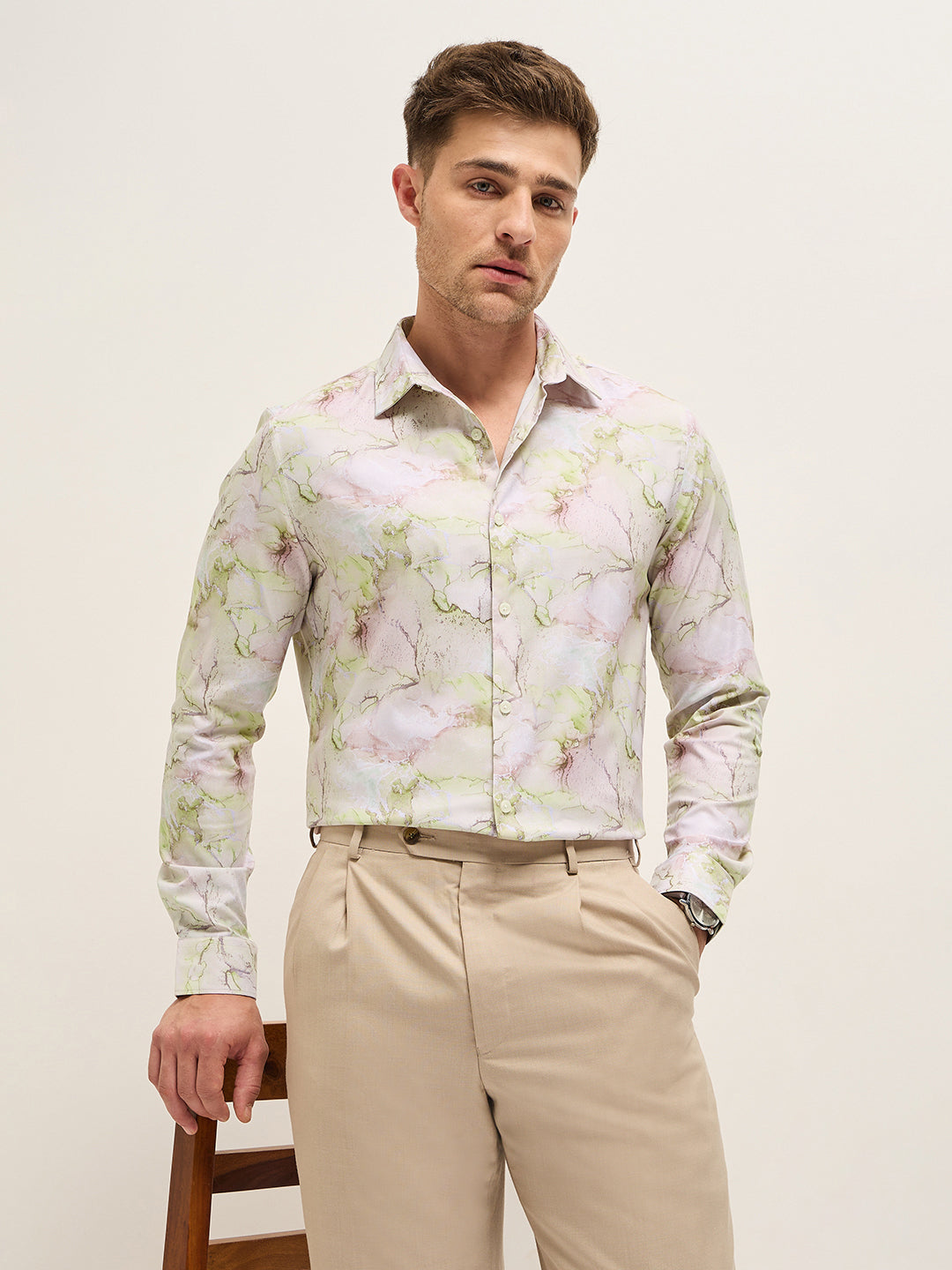 Men Shirt Multi-Color Marble Abstract Print Tailored Fit Formal Shirt