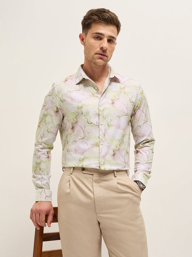 Men Shirt Multi-Color Marble Abstract Print Tailored Fit Formal Shirt