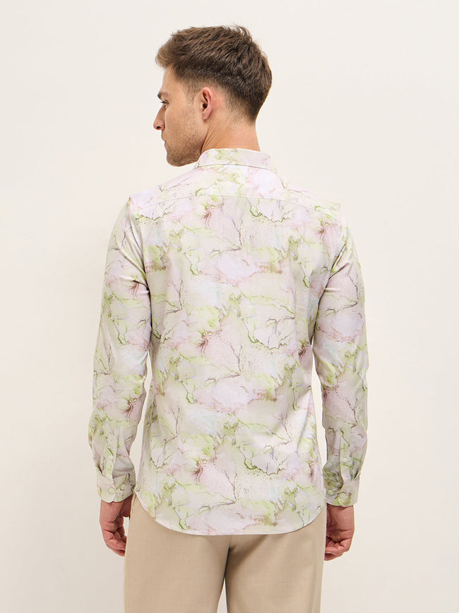 Men Shirt Multi-Color Marble Abstract Print Tailored Fit Formal Shirt