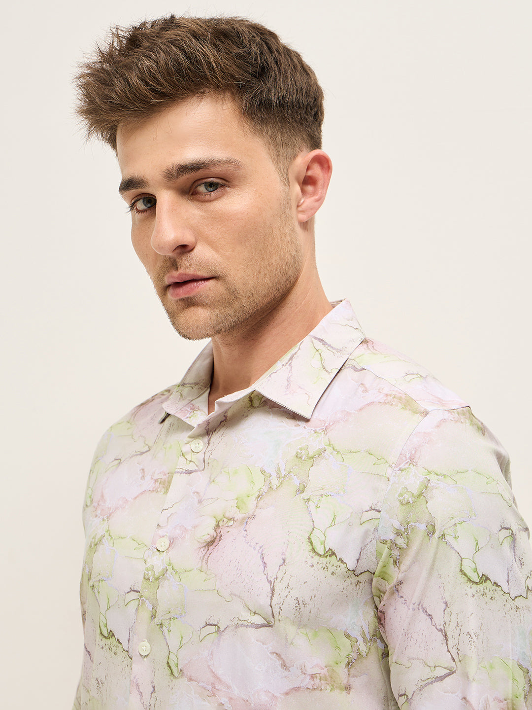 Men Shirt Multi-Color Marble Abstract Print Tailored Fit Formal Shirt