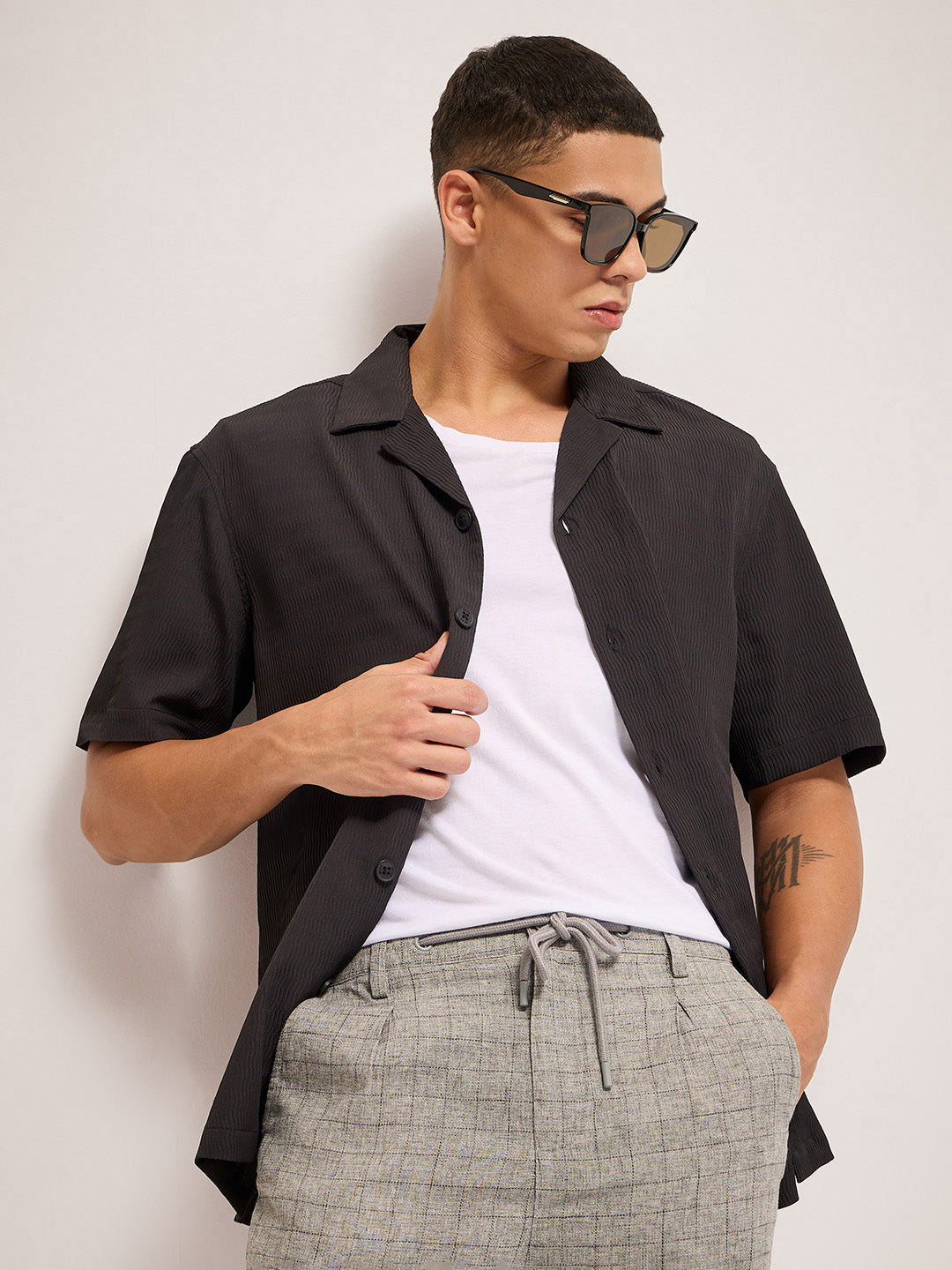 Men Black Self Design Regular Fit Casual Shirt