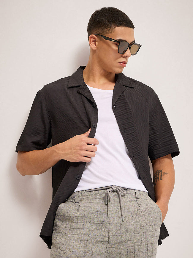 Men Black Self Design Regular Fit Casual Shirt