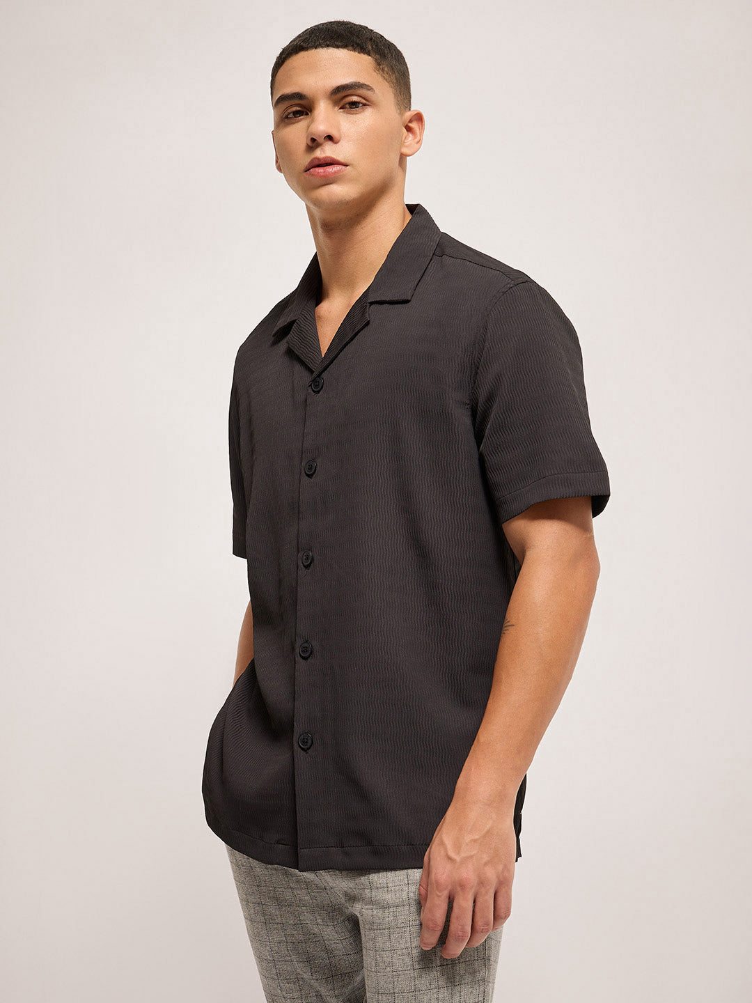Men Black Self Design Regular Fit Casual Shirt