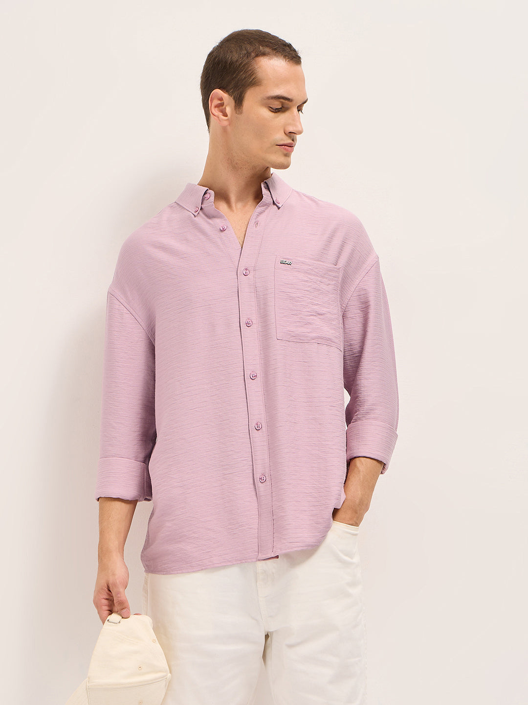 Men Pink Viscose Herringbone Design Relax Fit Casual shirt