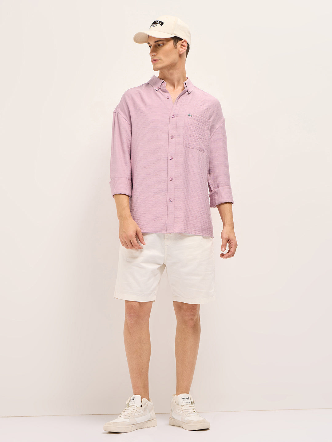 Men Pink Viscose Herringbone Design Relax Fit Casual shirt